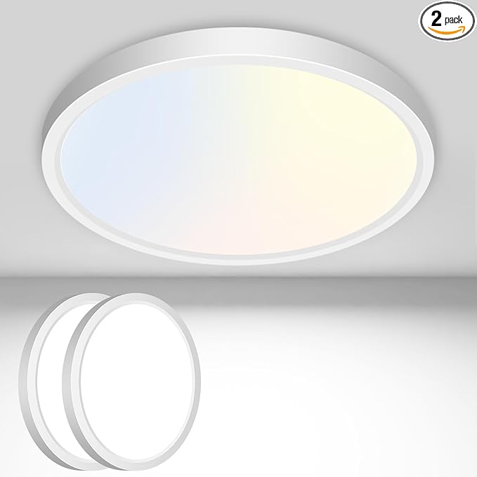 2 Pack LED Flush Mount Ceiling Light Fixture, 3000K-4000K-6500K, 100W Equivalent Modern Kitchen Recessed Ceiling Lamp, 12W 1200Lm 6.5 Inch Closet Round Surface Mount for Laundry Bedroom Hallway