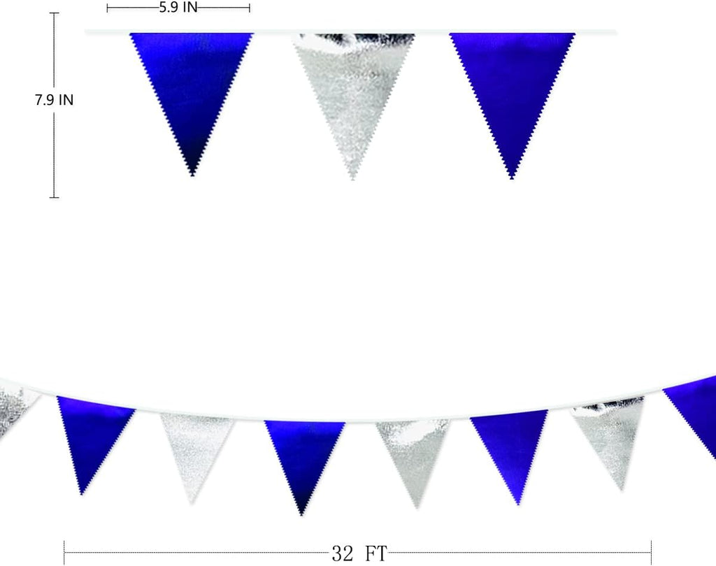 Royal Blue Silver Party Decorations Navy Blue Triangle Pennant Banner Flag Metallic Fabric Bunting Garland for Birthday Graduation Wedding Retirement Nautical Ahoy Achor Pirate Theme Party Supplies