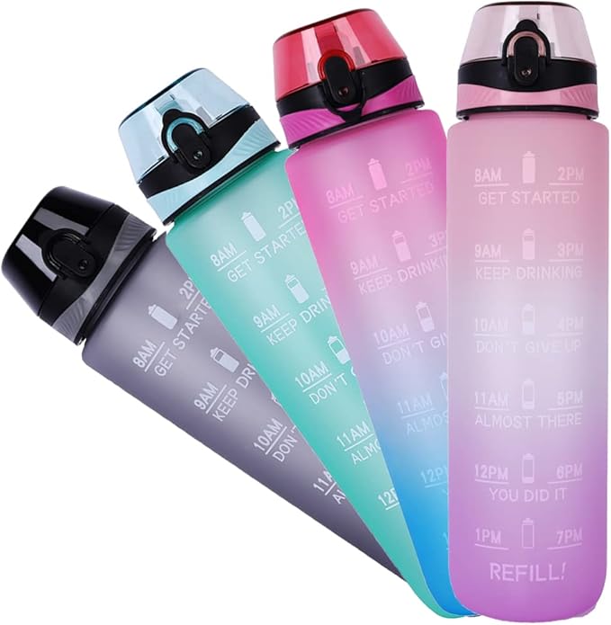 32oz Sport Water Bottle with Time Maker &Straw &Carry Strap & Security Lock Tritan BPA-Free Leak Proof Flip Top Lid Gym School Outdoor Sports Pink-Purple