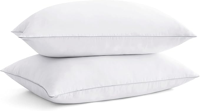 puredown® Goose Feathers Bed Pillows, 100% Cotton Cover, Standard Size Hotel Collection Pillows Set of 2 for Sleeping with Silver Piping, Feather and Polyester Filling