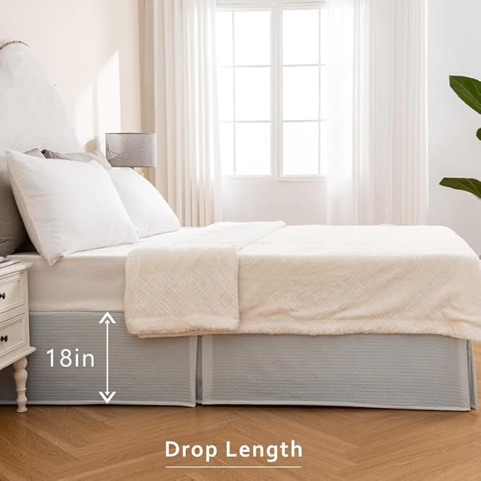 MIYE Pleated Waffle Weave Bed Skirt, Tailored Dust Ruffle 18 Inch Drop Easy Fit, Machine Washable (Light Grey, Twin - 18" Drop)