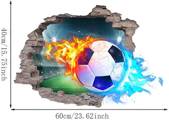 3D Soccer Wall Stickers Removable Soccer Wall Decals for Boys Break Through The Wall Vinyl Football Soccer Wall Stickers Murals Vinyls Decals for Teenager Room Playroom Decor (T0206)