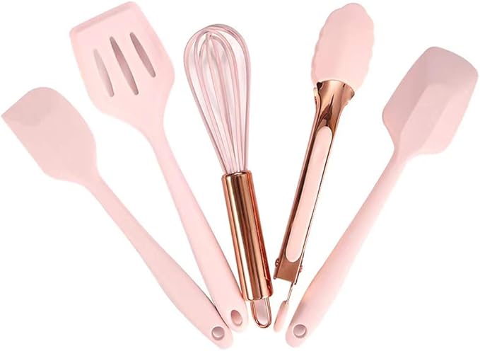 Rose Gold and Pink Kitchen Utensil Small Five-Piece Set Mini Silicone Kids Kitchen Tools Whisk Spatula Tongs Spoon and Slotted Spatula(Kids Baking Supplies)
