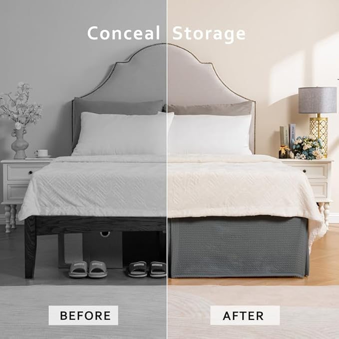 MIYE Pleated Waffle Weave Bed Skirt, Tailored Dust Ruffle 18 Inch Drop Easy Fit, Machine Washable (Dark Grey,Cal King - 18" Drop)