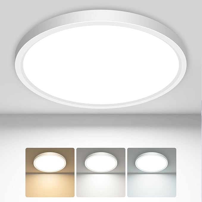 slochi LED Flush Mount Ceiling Light Fixtures, 3000K-4000K-6500K Modern Flat Recessed Ceiling Lamp, 12W 1200LM Round Ceiling Light for Kitchen Bedroom Hallway Porch, White, 1 Pack 6.5 Inch
