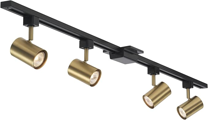 Globe Electric Tribeca 56 Inch Matte Black 4-Light Adjustable Track Ceiling Lighting Kit Fixture with Brass Cylindrical Track Heads, Ideal for Kitchen Island, Compatible with LED Bulbs, 64000009