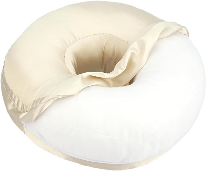 Satin Ear Piercing Pillow Removable Cover Luxury Cnh Pillow with Ear Holes for Ear Pain Side Sleepers Washable Large Donut Pillows Head Neck Support Champagne