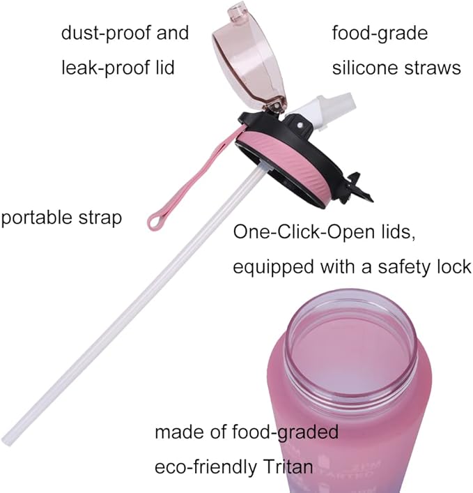 32oz Sport Water Bottle with Time Maker &Straw &Carry Strap & Security Lock Tritan BPA-Free Leak Proof Flip Top Lid Gym School Outdoor Sports Pink-Purple