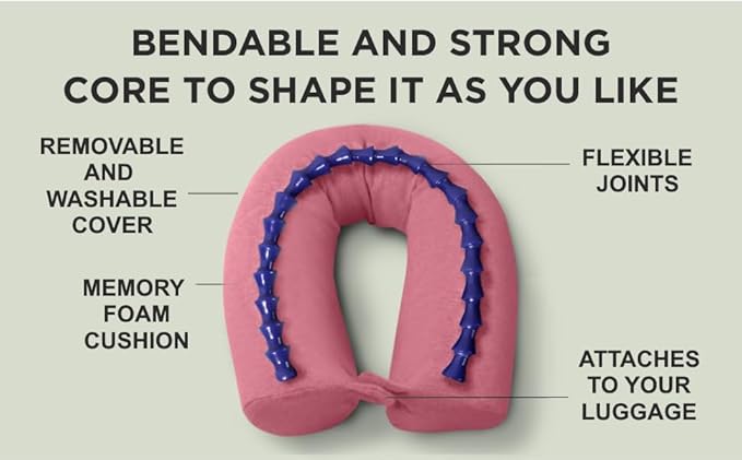 Dot&Dot Twist Memory Foam Travel Pillow for Airplanes - Travel Neck Pillow for Sleeping - Airplane Pillow for Neck Support, Chin, Lumbar and Leg - Adjustable, Bendable Neck Roll Pillow (Pink)