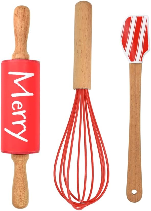 Christmas Holiday Mini Bake Set. Includes mini-Spatula, Whisk and Rolling Pin. Great Christmas gift idea for teachers, and stocking stuffers.