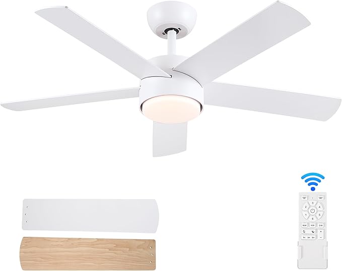 42 inch White Ceiling Fan with Lights and Remote Control, Dimmable Ceiling Fans with Lights,3-Color, Quiet Reversible 6-Speed, Wood Modern Ceiling Fan for Bedroom, Living Room, Dining Room