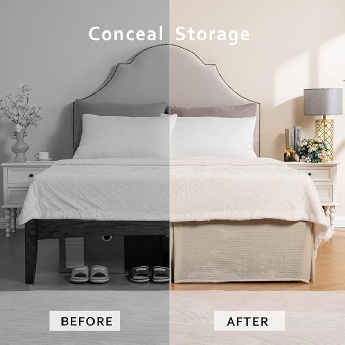 MIYE Pleated Waffle Weave Bed Skirt, Tailored Dust Ruffle 16 Inch Drop Easy Fit, Machine Washable (Cream, Twin - 16" Drop)