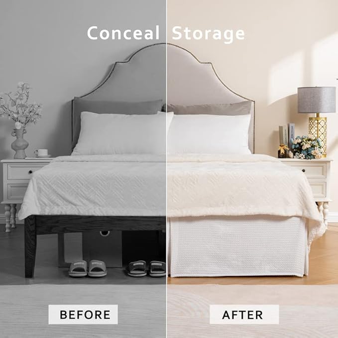 MIYE Pleated Waffle Weave Bed Skirt, Tailored Dust Ruffle 18 Inch Drop Easy Fit, Machine Washable (White, King - 18" Drop)