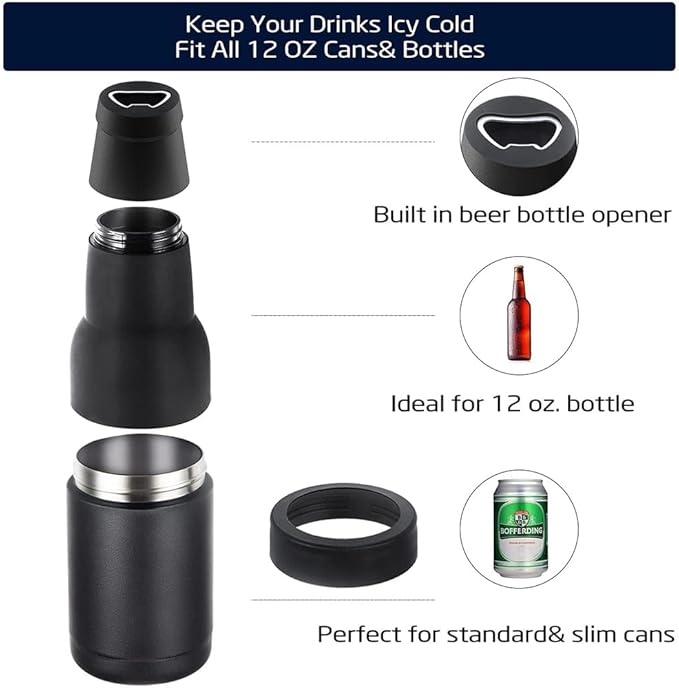 3 in 1 Beer Bottle and Can Cooler, Vacuum Insulated Double Walled Stainless Steel Cooler with Beer Opener, 12 oz Slim Can Insulator Holder (Silver)