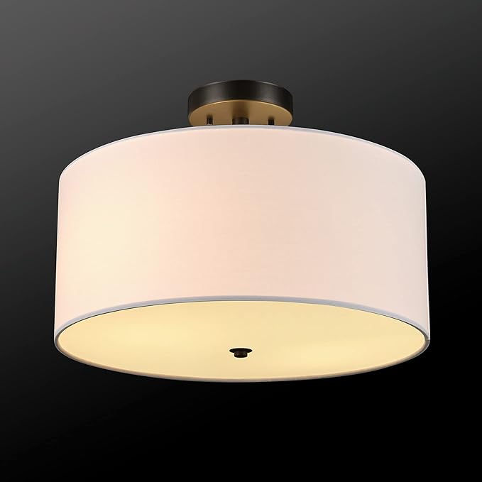 Globe Electric 61272 Maria 1-Light Flush Mount Ceiling Light, Dark Bronze, White Fabric Shade,Brown, Bulb Not Included