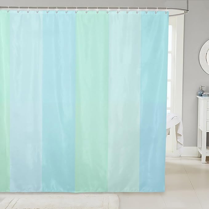 Feelyou Blue Green Stripe Shower Curtain Geometric Fabric Shower Curtain for Kids Simple Modern Bathroom Waterproof Accessories with 12 Hooks Women Men Fresh Style Curtains,72x84 Inches