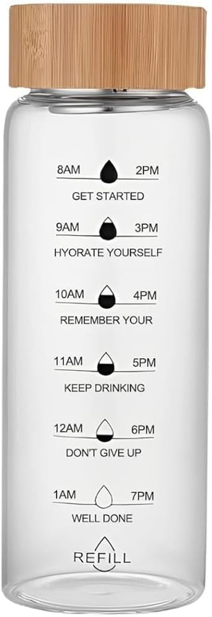 25oz Glass Water Bottle with Time Marker, Leak-Proof,With stainless steel tea strainer, BPA-Free Reusable Hot and Cold Beverages for Office, Gym, Travel