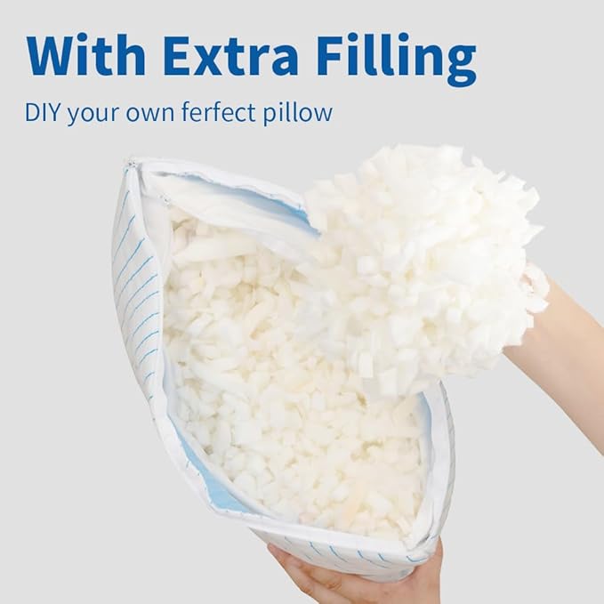 Shredded Memory Foam Pillows Queen Size Set of 2, Cooling Pillows for Sleeping That Stay Cold, Adjustable Firm Pillow for Side Back Stomach Sleepers with Washable Removable Cover