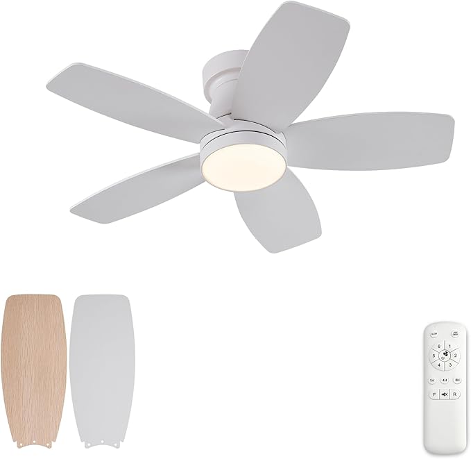 30 inch Ceiling Fans with Lights and Remote,Flush Mount White Ceiling Fan,Memory Fuction Reversible Quiet DC Motor Low Profile Ceiling Fans For Living Room Bedroom Outdoor(White&Natural Wood)