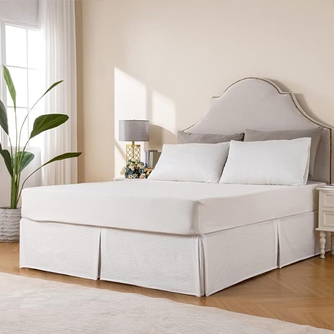 MIYE Pleated Waffle Weave Bed Skirt, Tailored Dust Ruffle 12 Inch Drop Easy Fit, Machine Washable (White, TwinXL - 12" Drop)