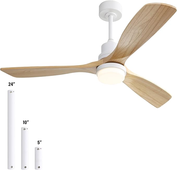 Sofucor 52" Ceiling Fan with Lights and Remote Control, Indoor Outdoor Mordern Wood Ceiling Fan with Reversible Quiet DC Motor, 6 Speed, 3 Downrods, for Farmhouse Bedroom Patio Balcony