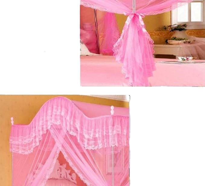 Mengersi Arched 4 Corners Post Bed Curtain Canopy Net Square Princess Fly Screen, Indoor Outdoor (Queen, Pink)