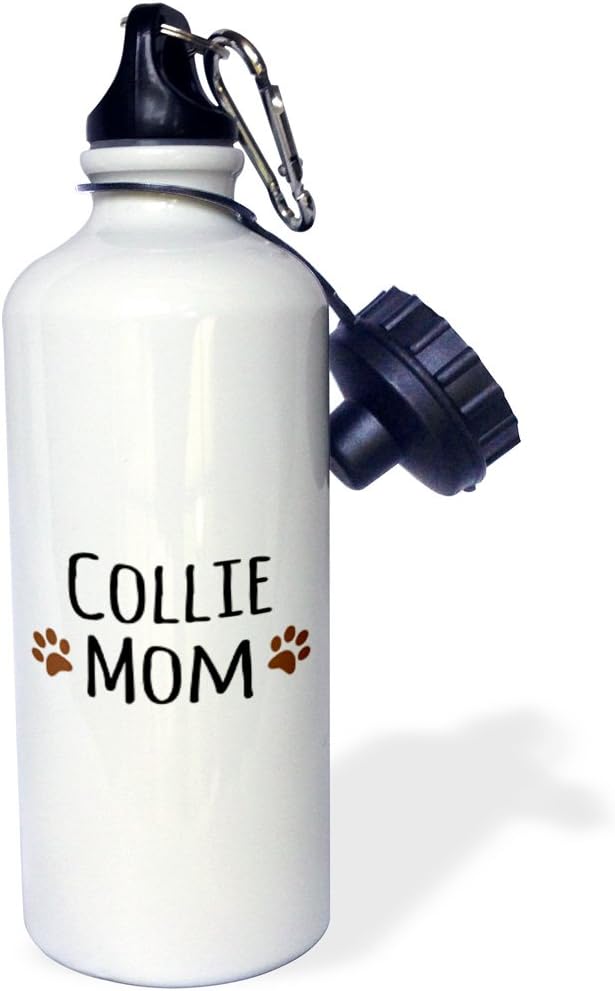 3dRose "Collie Dog Mom-Doggie by breed-brown muddy paw prints love-doggy lover-proud mama pet owner" Sports Water Bottle, 21 oz, White