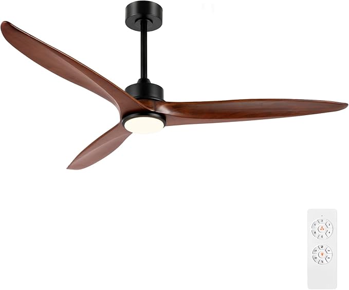 WINGBO 60 Inch DC Ceiling Fan with Lights and Remote Control, 3 Reversible Carved Wood Blades, 6-Speed Noiseless DC Motor, Modern Ceiling Fan in Matte Black Finish with Walnut Blades