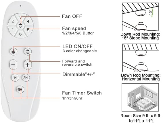 42 Inch Black Ceiling Fan with Light, Remote Control, 3 Color Changing, Dimmable, Reverse Function, Quiet, 6 Speed, Ideal for Living Room, Bedroom, Balcony