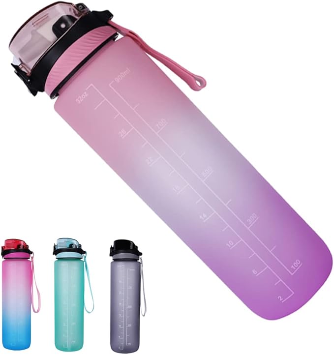 32oz Sport Water Bottle with Time Maker &Straw &Carry Strap & Security Lock Tritan BPA-Free Leak Proof Flip Top Lid Gym School Outdoor Sports Pink-Purple