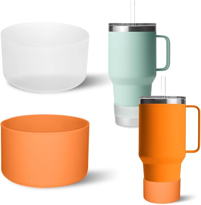 2 PCS Silicone Protective Boot for Yeti Rambler 20oz/25oz/30oz/35oz Tumbler, Anti-Slip Protective Silicone Water Bottle Bottom Boot Sleeve Cover for Yeti Tumbler [Orange+Transparent]