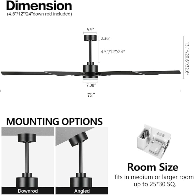 72" Ceiling Fan with Lights and Remote Control, Wood 8 Blades 6-Speed Noiseless Reversible DC Motor, 3 Downrods, Modern Large Ceiling fan for Covered Patio Bedroom Dining Living Room, Black
