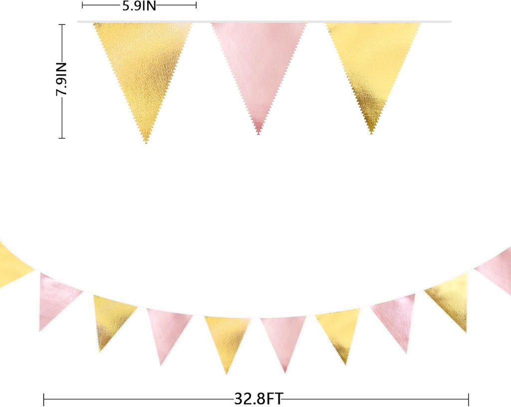 Pink Gold Party Decoration Metallic Fabric Light Pink Gold Triangle Pennant Banner Flag Bunting Garland for Women Girl Birthday Retirement Graduations Bridal Shower Wedding Baby Shower Party Supplies