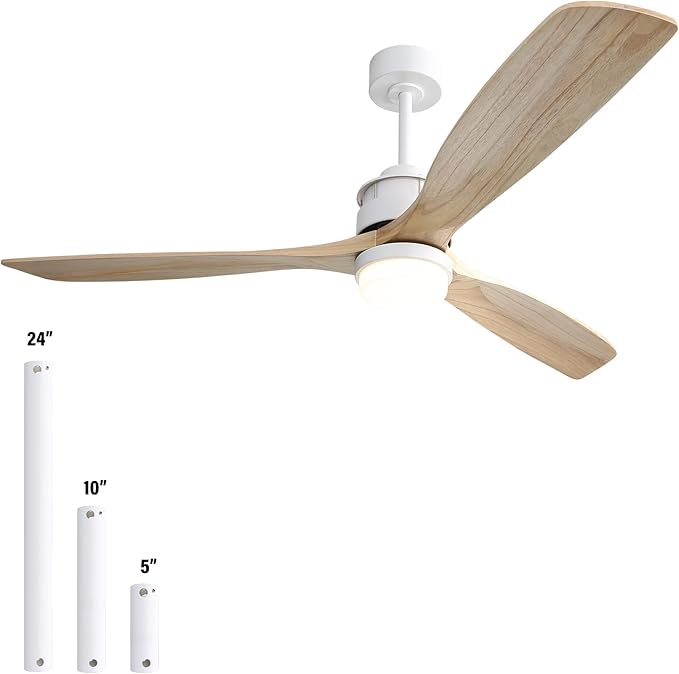 Sofucor 60" Ceiling Fan with Lights Remote Control, 3 Poles for Indoor Outdoor Ceiling Fan with Remote, Wood Ceiling Fan with 3 Color Temperature & Adjustable Brightness, Light Wood Grain