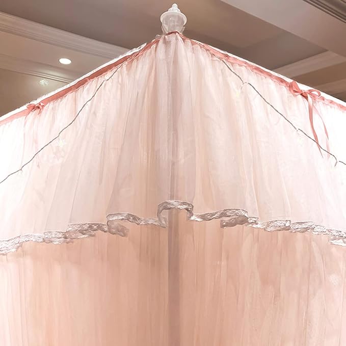 Mengersi Canopy Bed Curtains with Lights,4 Corner Bed Canopy Royal Luxurious Bed Drapes Netting,Princess Bed Curtains for Girls Adults Bedroom Decoration (Peach, Queen)