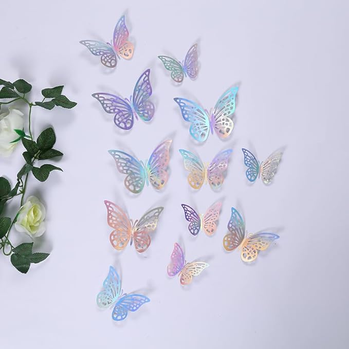 3D Butterfly Wall Decor 48 Pcs 4 Styles 4 Colors 3 Sizes,Gold Silver Laser Rose Butterfly Decorations for Butterfly Birthday Decorations Butterfly Party Decorations Cake Decorations,Removable Sticker