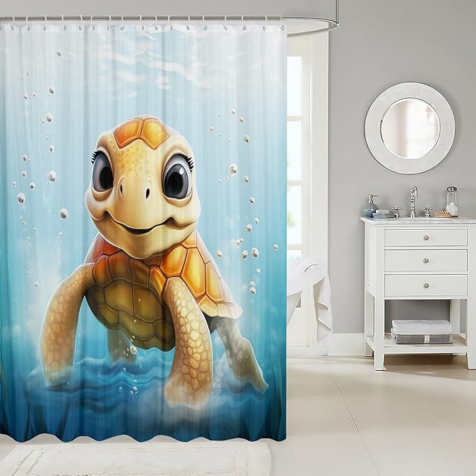 Feelyou Cute Sea Turtle Shower Curtain Kids 3D Print Fabric Shower Curtain Ocean Animal Bathroom Waterproof Accessories with 12 Hooks for Women Men Ocean Theme Curtains,72x72 Inches