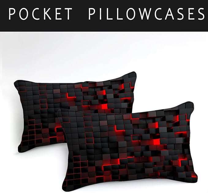 Bedbay Black Checkered Comforter Set King Size Plaid Bedding 4 Pcs Stereoscopic Glowing Square Geometric Printing Quilt Set Boys Girls Black Red Grid Bedding Set King Duvet Set (Red Black,King)