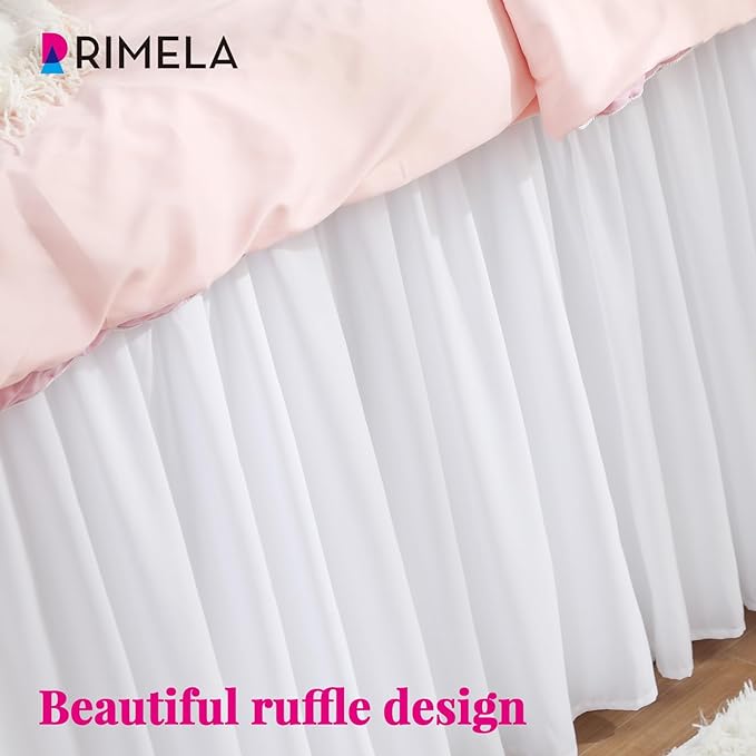 RIMELA Dorm Bed Skirt Twin XL 46 Inch Drop, Extra Long Wrap Around Elastic Bed Skirts Easy to Put On Twin Size Dust Ruffle, White Bedskirt for Adjustable Bed Base Solid Silky Fabric Machine Washable