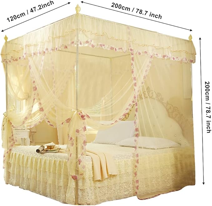 Luxury Princess 3 Side Openings Post Pink Bed Curtains,Four Corner Bedding Bed Canopy net for Bed Princess Bed Girls Room(No Bracket) (Yellow)