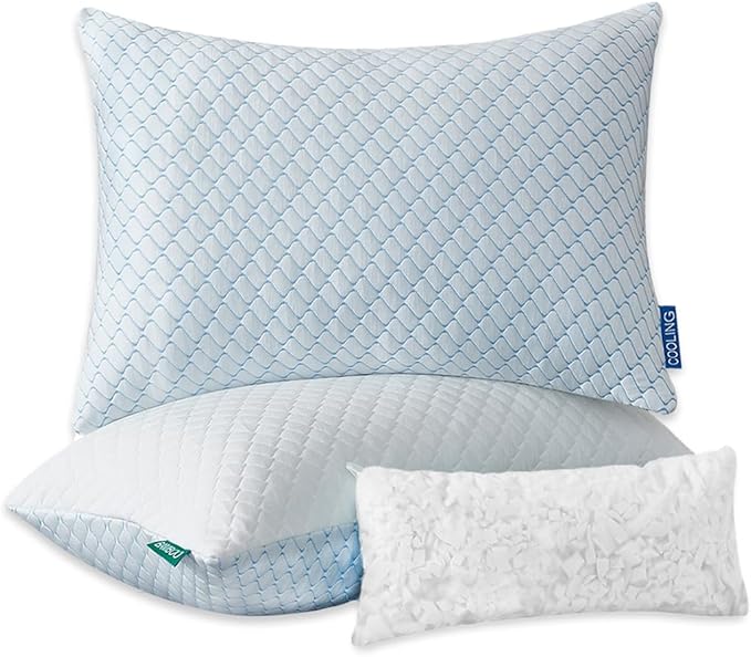 Uniqwamer Cooling Bed Pillows for Sleeping 2 Pack Shredded Memory Foam Adjustable Pillows Queen Size Set of 2 for Side Back Sleepers - Luxury Extra Comfy Gel Pillows with Washable Removable Cover