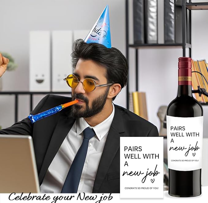 24Pcs New Job Wine Labels, New Job Gifts for Women Men, Promotion Goodbye Farewell Leaving Job Gifts for Coworkers Women, Pairs Well with A New Job Wine Bottle Stickers Labels