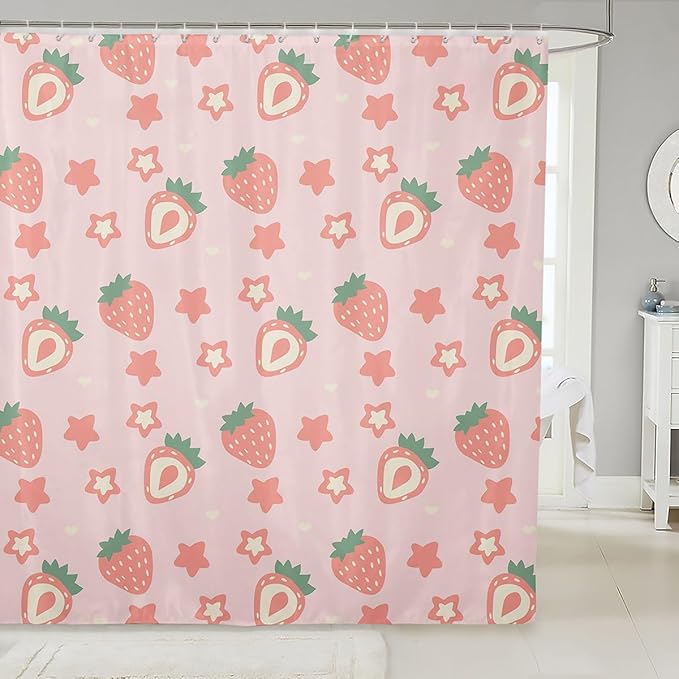 Feelyou Pink Strawberry Fabric Shower Curtain Kawaii Fruit Shower Curtain for Kids Boys Girls Cute Stars Strawberry Bathroom Waterproof Accessories with 12 Hooks Kawaii Lovely Curtains,72x84 Inches