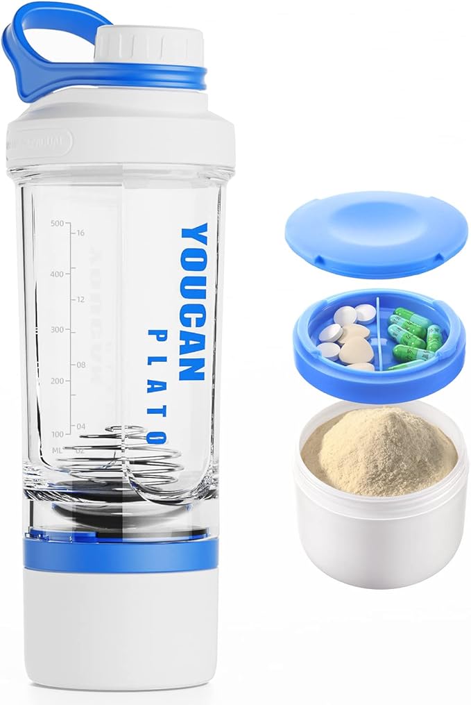 21oz Protein Shaker Bottle with Powder Storage Container-Shaker Cups for Protein Shakes-pre workout bottle-Mixer Cup-Gym Sport Water Bottle -Made with Tritan BPA Free,with Wire Whisk Balls (Blue)