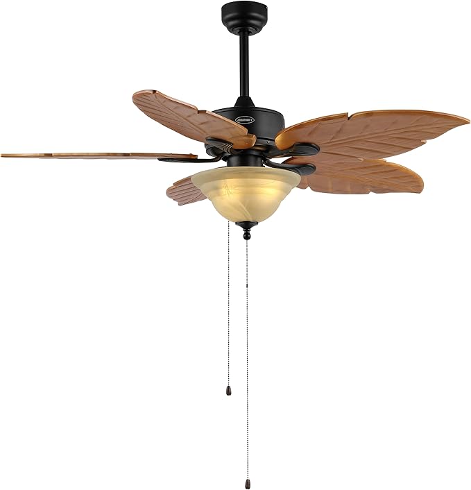 JONATHAN Y JYL9720C Poinciana 52" 3-Light Coastal Bohemian Iron/Wood Palm Leaf LED Ceiling Fan with Pull Chain Rustic, Eclectic, Transitional, Office, Living Room, Dining Room, Bedroom, Light Brown