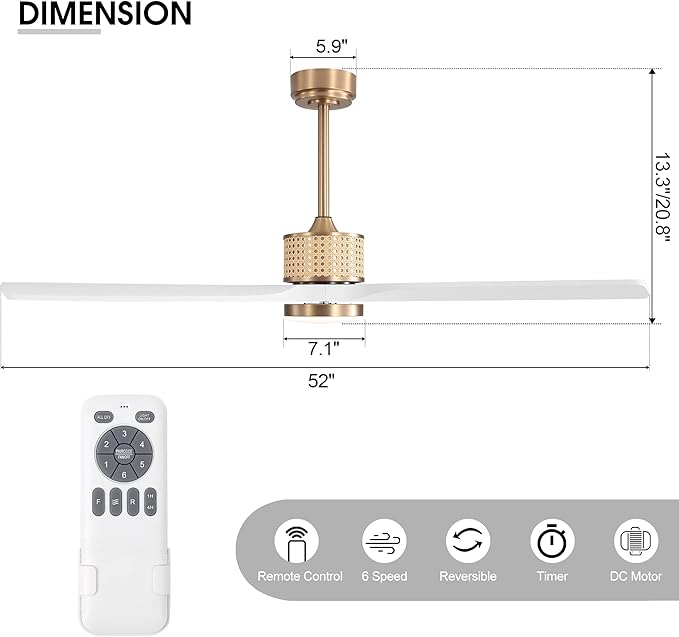 52" Ceiling Fan with Light and Remote, 3 Solid Wood Blades, Noiseless Reversible DC Motor Ceiling Fan with 4.5"/12" Downrods for Bedroom/Living Room/Porch (Gold/White)