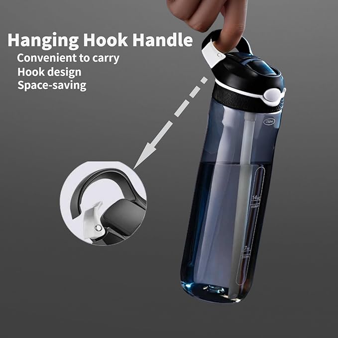 25oz Water Bottle with Clip Handle, Water Bottles with Locking Lid, Travel Plastic Water Bottle,Water Bottle with Straw, and Sports Tritan water bottle - Black