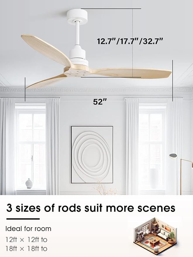 Sofucor 52" Ceiling Fan no Light with 3 rods, Outdoor Ceiling Fan without Light, Modern Ceiling Fan with Remote and Quiet Energy Saving Motor, 6 Speeds, Light Wood Blade & White Downrod