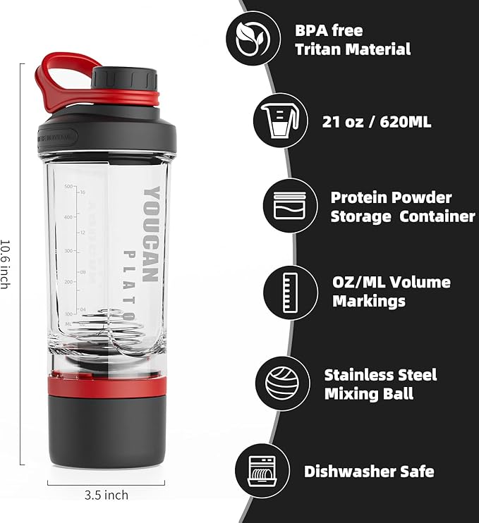 21oz Protein Shaker Bottle with Powder Storage Container-Shaker Cups for Protein Shakes-pre workout bottle-Mixer Cup-Gym Sport Water Bottle -Made with Tritan BPA Free,with Wire Whisk Balls,Red