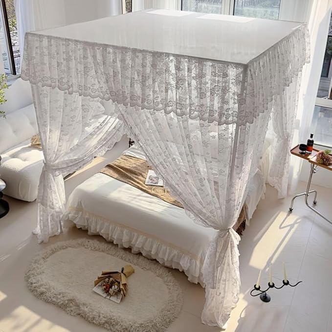 Elegant Princess 4 Corner Post Mosquito Net Romantic for Girls Women Bed Curtain Canopy for Adult Wedding Bedroom Kids Rooms Decoration (Type2-Beige-White, Queen)